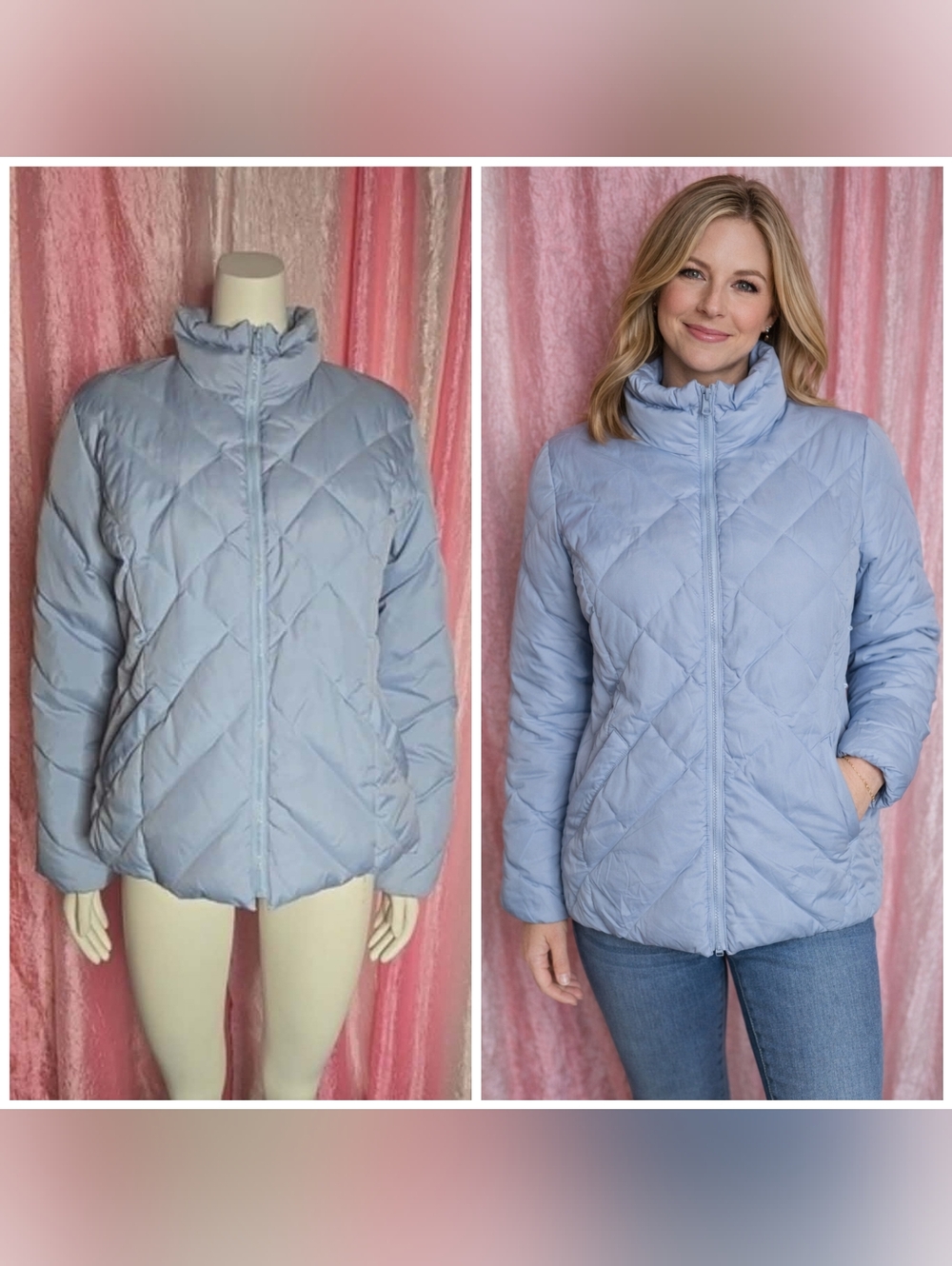 Ann Taylor Loft Powder Blue Down Puffer High Neck Quilted Jacket Size Medium